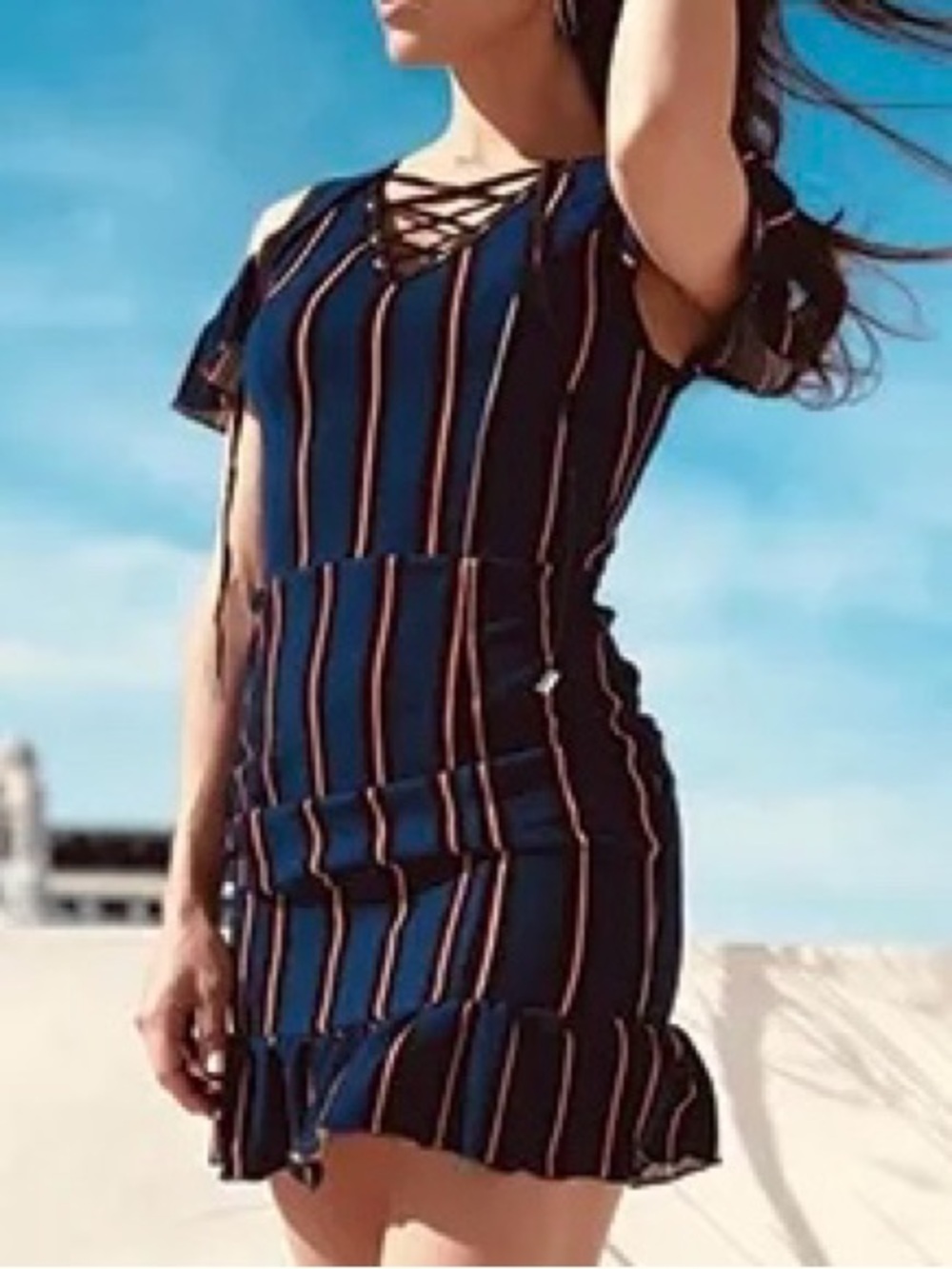 Striped Navy Cold-Shoulder Ruffle Dress
